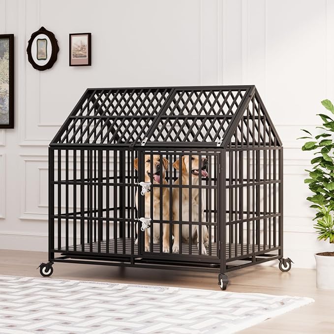 50 inch Heavy Duty Dog Crate with 2 Bowls and 4 Wheels, Indestructible Escape-Proof Steel Pet Kennel Cage Indoor for High Anxiety Dogs with 4 Sturdy Locks, Double Door and 2 Trays, Extra Large XL XXL