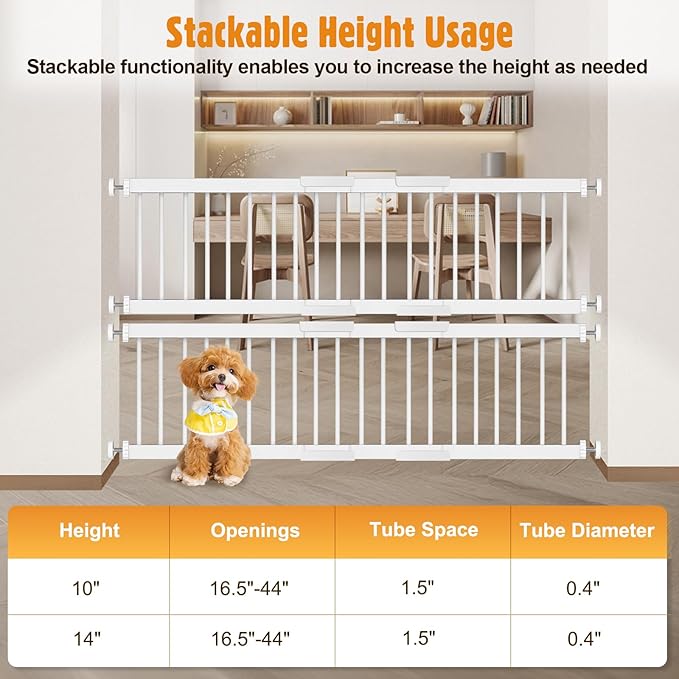 Metal Short Dog Gate - 16.5"-44" Adjustable Extra Wide, 14" Tall Pressure Mount Indoor Pet Gate, Easily Step Over Dog Gates with 3 Extension Kits, Small Puppy Gate for Doorways & Stairs