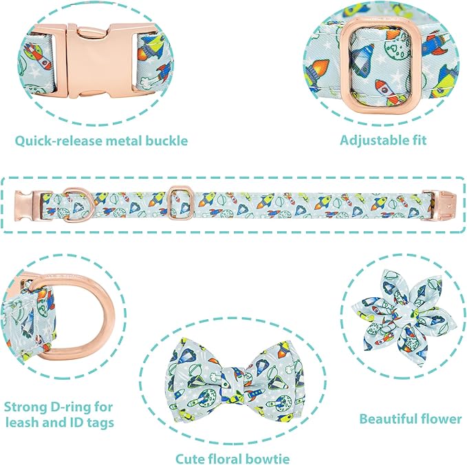 Dog Collar and Leash Set Adjustable Girls Puppy Floral Collars with Bow Tie for Small Medium Large Dogs(M, Rocket)