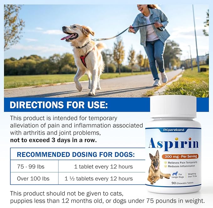 Dog Aspirin for Large Dogs, Low Gastrointestinal Irritation, Dog Joint Support and Inflammation Relief, 300mg, Arthritis Relief for Dogs, Pain Reliever Supplement, 90 Tablets