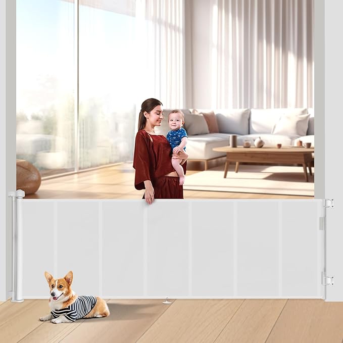 120 inch Retractable Baby Gates 34 inch Tall, Retractable Gate with Reinforced Strip Design to Prevent Crawling Through, 10 FT Extra Wide Retractable Dog Gate for Indoor/Outdoor