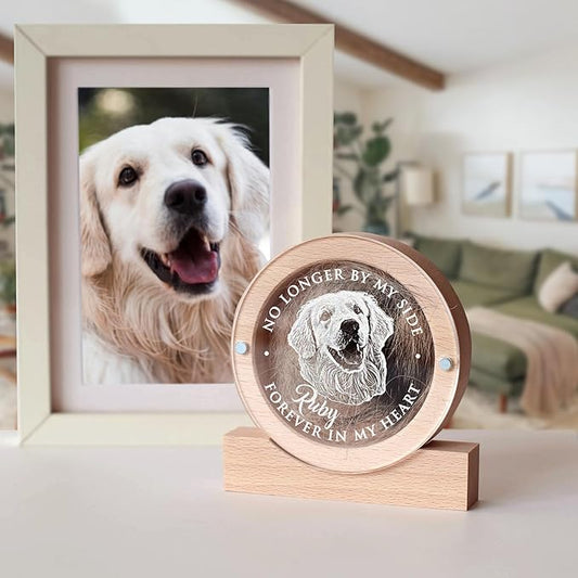 Personalized Pet Hair Keepsake Box for Dog and Cat Fur - Engraved Wood Memorial Box - Unique Customized Gift for Loss of Furry Friend Wooden (Light Round Wood/Acrylic Lid, With Photo)