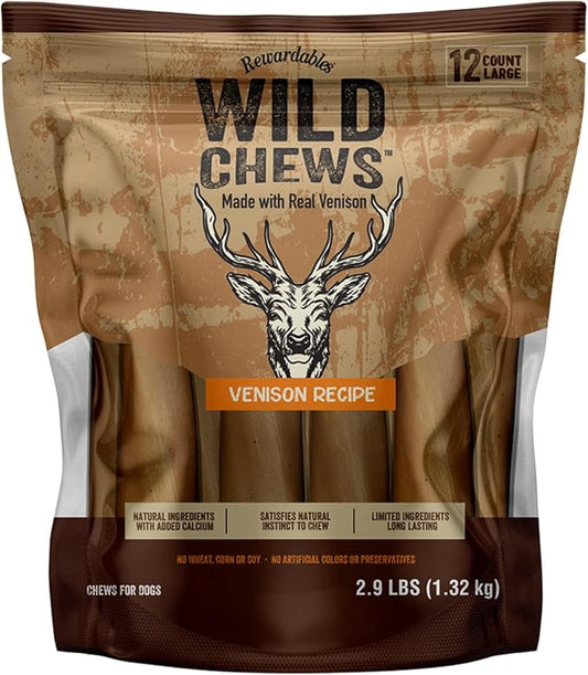 | Wild Chews | Venison Recipe, Made with Real Venison, Limited Ingredient, Long Lasting Chews for Large Dogs | 12 Count