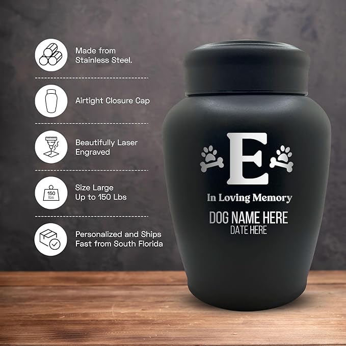 Personalized Custom Engraved Dog Urn with Name and Date - Stainless Steel Large Cremation urns for Pets Ashes with Airtight Closure | up to 150 lbs Capacity | Dog Bone and Paw