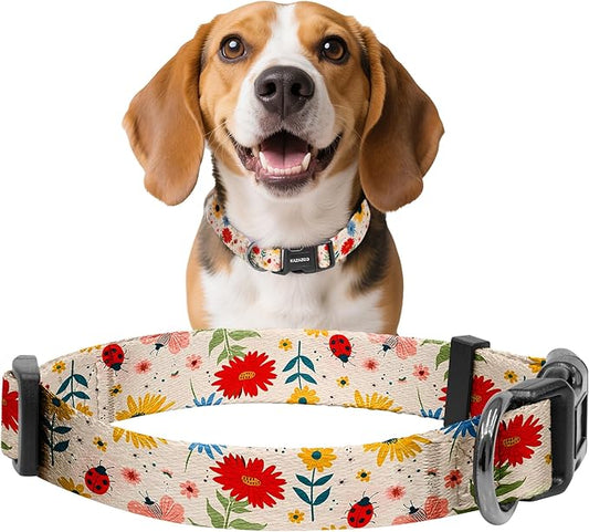 Kazazoo Dog Collar Cute and Soft Nylon Puppy Collar for Boy and Girl, Adjustable Dog Collars for Small Medium Dogs, Ladybugs and Flowers-M