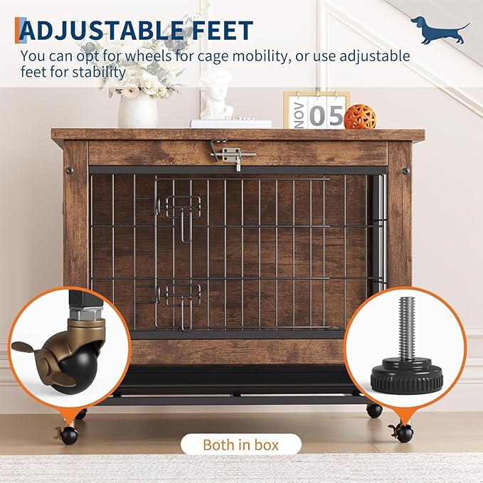 26" Inch Dog Crate Furniture, Small to Medium Pet Cage with Double Doors and Wheels, Chew-Resistant Wooden Indoor Dog House, Kennel Side End Table for Bedroom & Living Room, Rustic Brown