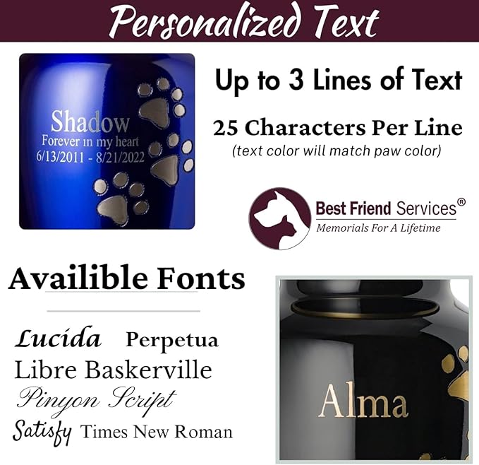 Ottillie Paws Premier Series Pet Urn for Dogs with Personalized Laser Engraving (Large - Pets up to 115 lbs, Amethyst Purple with Vertical Pewter Paws)