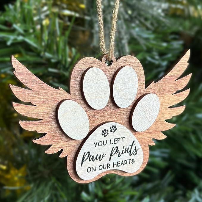 Angel Wings Paw Print Christmas Ornament – Pet Memorial Ornament for Dogs, Sympathy Gift for Bereaved Pet Owners, Remembrance Keepsake for Dog Lovers, Wooden Xmas Ornament