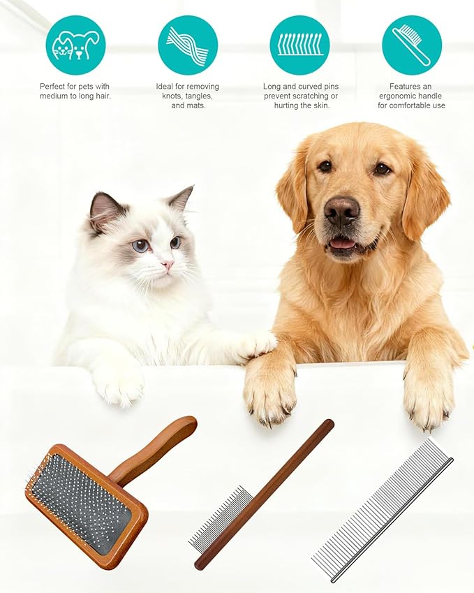 Dog Slicker Brush for Grooming & Shedding, Cat Brush for Short or Medium-Haired Dogs with an Air-Cushion Design and Coated Tips, Suitable for Removing Loose Hair, Tangles, and Knots.