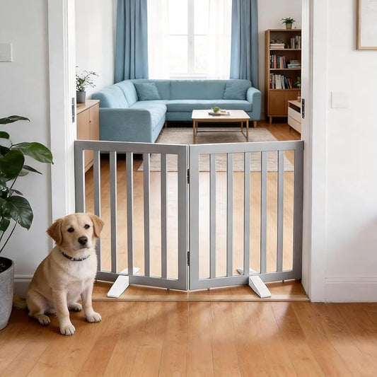 Dog Gate Indoor, Freestanding Dog Fence for The House, Doorways, Hallways,or Stairs,Pet Gate Foldable Wooden,Expandable 24" Height 2 Panels,Grey