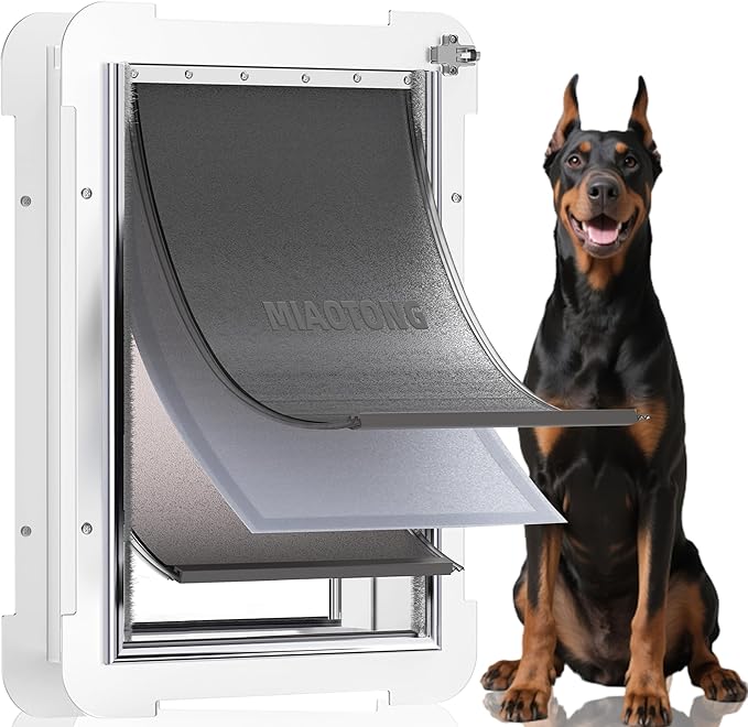 3-Flap Never Rust Extra Large Dog Door for Doors with Sliding Lock Panel, Steel Frame and Telescoping Tunnel, Extreme Weather Durable Doggy Door （Pets Up to 220 Lb）
