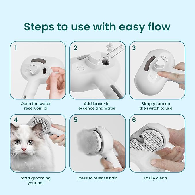 3-in-1 Pet Steam Brush for Cats & Dogs, Self Cleaning Grooming Brush with Mist Spray for Deshedding & Hair Removal, Gentle Massage Comb for Long & Short Haired Pets, 200 ml Waterless Shampoo Included