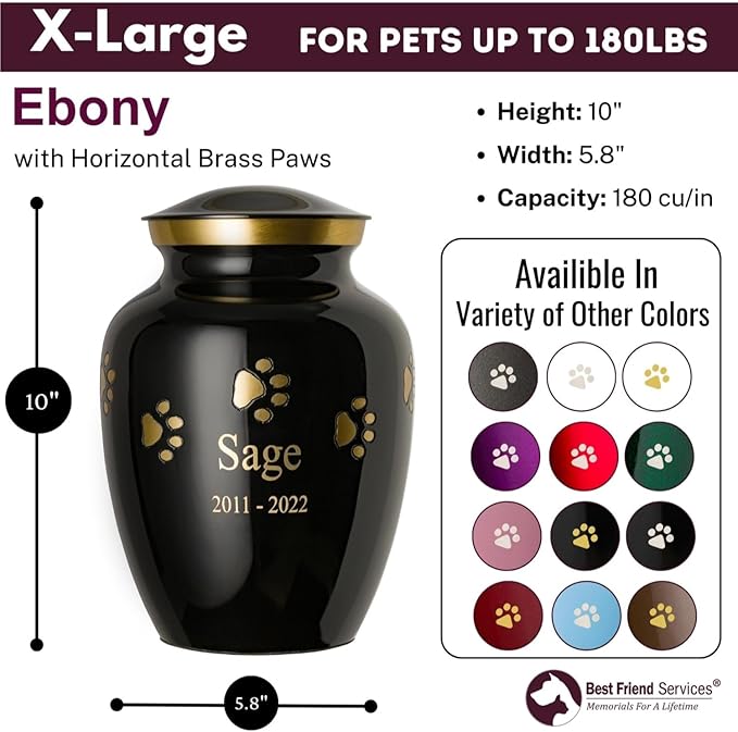 Ottillie Paws Premier Series Pet Urn for Dogs with Personalized Laser Engraving (X-Large - Pets up to 170 lbs, Ebony with Horizontal Brass Paws)