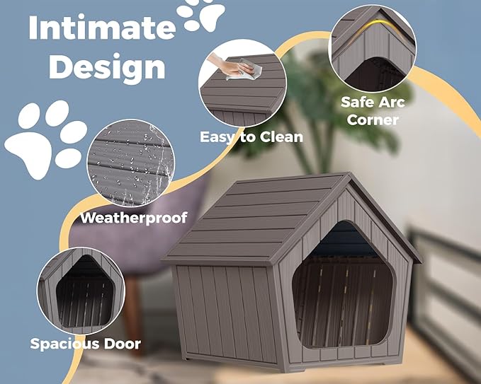 DRATO Dog House Outdoor Indoor Cozy Small Dog Houses Durable Resin Material Houses for Dogs Outside Weatherproof Pet Shelter for Patio, Porch, Living Room (Gray)