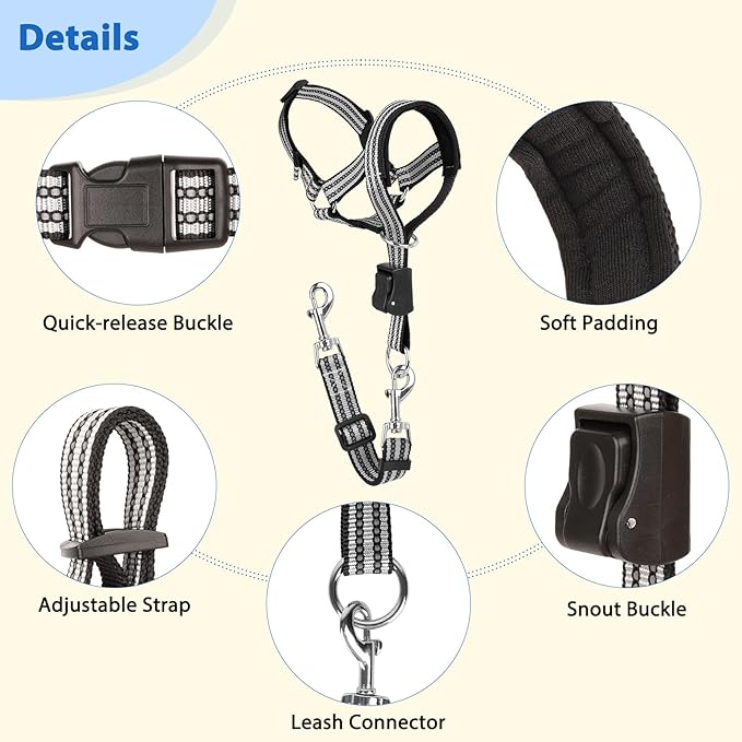 BARKLESS No Pull Dog Head Collar for Gentle Training Walking, Soft Padded Head Halter with Collar Safety Clip, Comfortable Fit Muzzle Leash with Reflective Strap for Medium Large Dog (Grey, L)