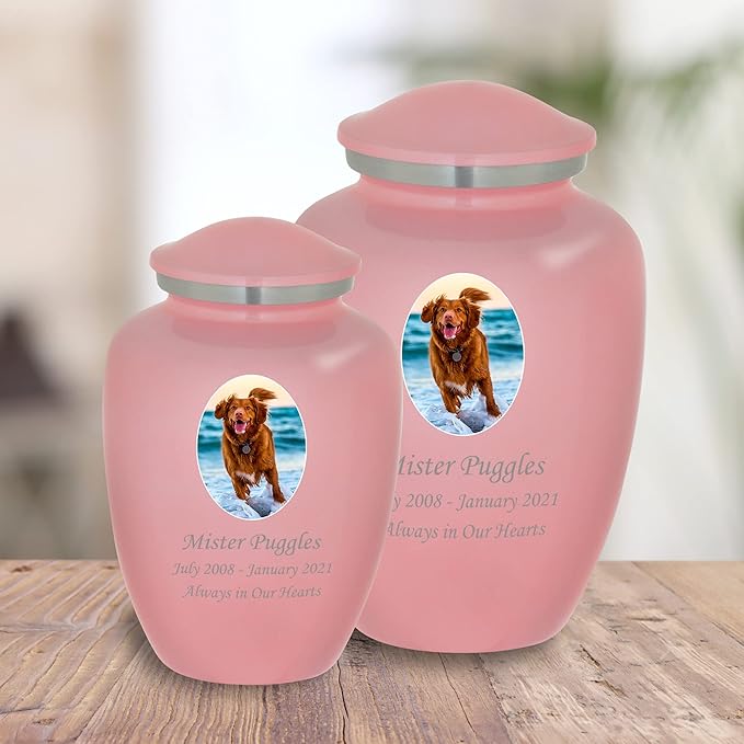 Homage Large Custom Photo Pet Cremation Urn for Pet Ashes - Vase Style Pet Urn - 200 Cubic Inch Capacity -Personalization Included (Pink)