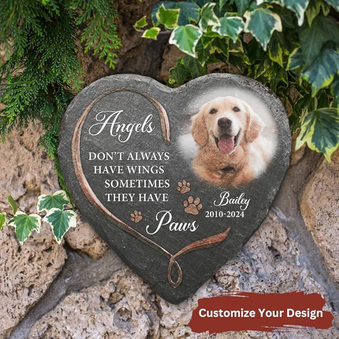 Wrappiness Pet Memorial Stone - Angels Sometimes Have Paws, Personalized Dog Memorial Gifts, Remembrance Condolences Bereavement Gifts for Loss of Pet Custom Photo (Heart 02, Stone)