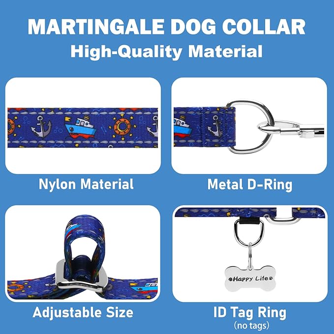 Reflective Martingale Collar for Dogs Nylon Training Collar with No Buckle, No Pull Boy Male Dog Collar for Small Dogs（Navy Blue Sailboat，S）
