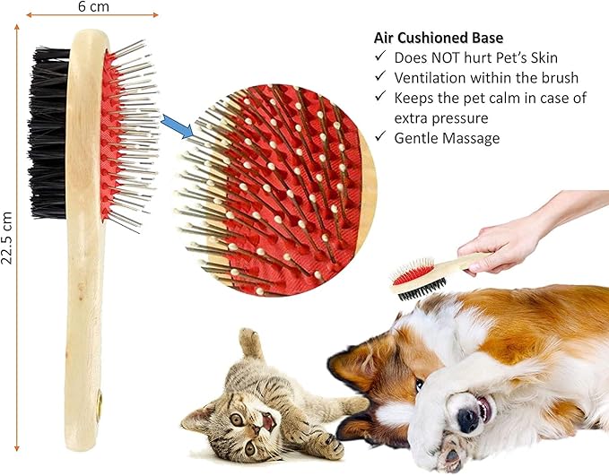 Wooden Dog Brush Double Sided Pet Hair Grooming Brush Dog Pin Brush and Bristle Soft Brush, Dogs Comb and Brush Grooming Tools for Cleaning for Dogs & Cats with Long or Short Hair
