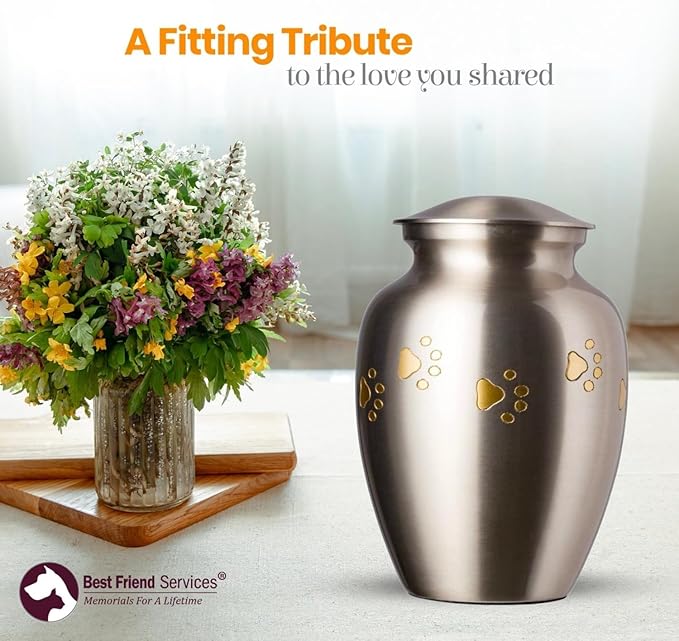 Ottillie Paws Legacy Series Pet Urn for Dogs, Handmade Brass Memorial Cremation Urn (X-Large - Pets up to 170 lbs, Pewter, Horizontal Brass Paws)