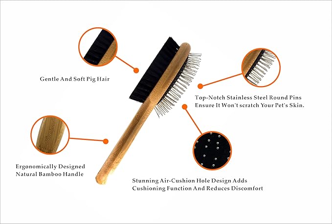 Pet Dog Brush Natural Bamboo Fiber Eco-Friendly Pet Grooming Dog and Cat Double-Sided Needle and Bristle Pet Deshedding Brush, brown