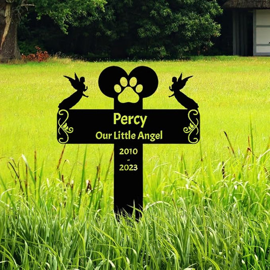 Custom Dog Cat Pet Grave Marker Metal Pet Memorial Stake with Angels, Personalized Paw Memorial Garden Stake Plaque, Remembrance Cross Pet Memorial Gifts Cemetery Yard Grave Decor