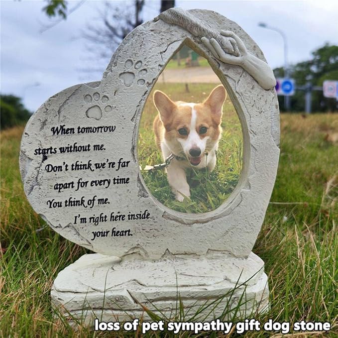 jinhuoba Heart Shaped Pet Memorial Stones for Dogs, Pet Dog HeadStones Grave Stones with Photo Frame, Loss of Pet Dog Sympathy Gifts Memorial Gifts Passing Away Gifts Outdoor or Indoor