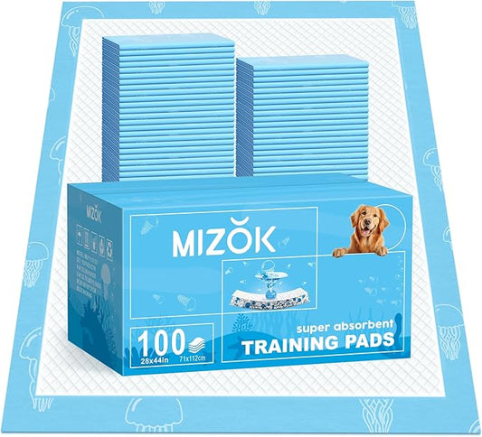 MIZOK Dog Pee Pads 28x44in Dog Pads XXL Super Absorbent Up to 12 Cups Marine Scented Odor-Control Pee Pads with Jellyfish Pattern, Quick Dry & Leak-Proof (100 Counts)