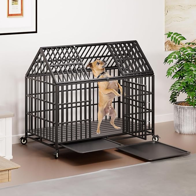 54 Inch Heavy Duty Indestructible Dog Crate with 2 Bowls, Escape Proof Indoor Double Door Cage with Wheels and Trays, Steel Kennel for High Anxiety Large Giant Dogs, XL/XXL