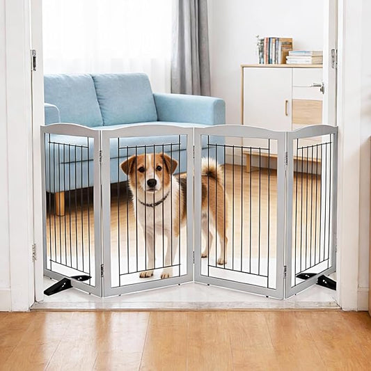 Dog Fence Indoor,Dog Gate Indoor for Doorway pet gate -4-Panel Freestanding, Hallways, House or Stairs -80x32-Inch Retractable Foldable Expandable Wood Pet by SFJC (Grey) ﻿