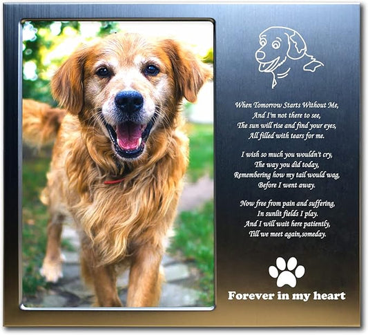 Aluminum Dog Memorial Picture Frame with Gift Box, Rainbow Bridge Dog Remembrance Gifts, Loss of Dog Sympathy Gift, Forever in My Heart Metal Keepsake (Fits 4x6 Photo) 1S