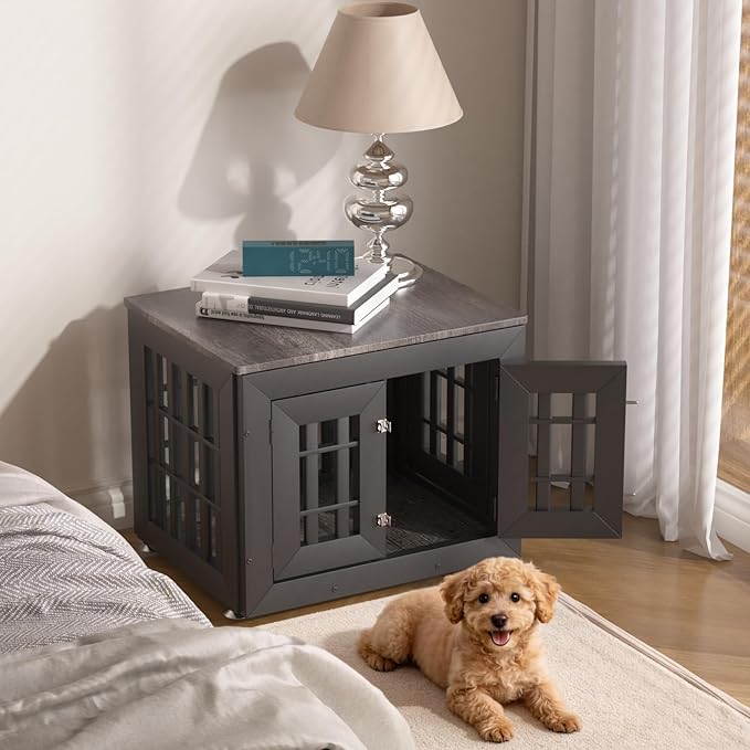 26" Heavy Duty Dog Crate Furniture for Small,Medium and Large Dogs,Rustic Wooden Dog Cage Kennel Indoor Furniture with Waterproof Top,Decorative Pet House Side End Table (Black & Grey)