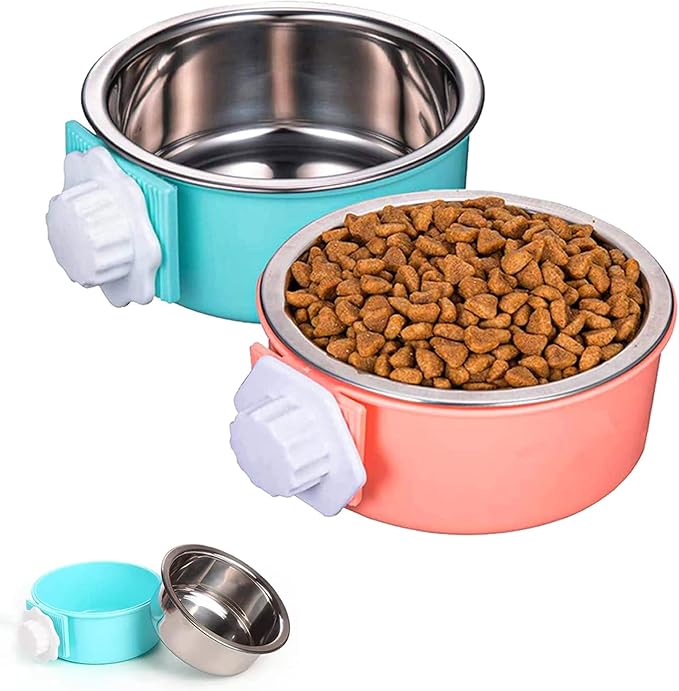 HERCOCCI 2 Pack Dog Crate Bowls, Hanging Removable Stainless Steel Food and Water Bowls for Puppies, Small Dogs, Cats, Rabbits & Ferrets (Blue, Red)