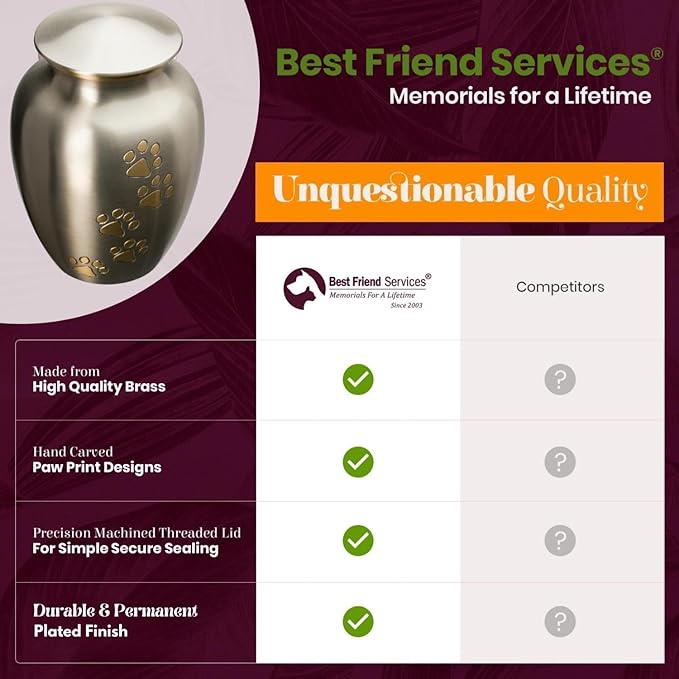 Ottillie Paws Legacy Series Pet Urn for Dogs and Cats, Handmade Brass Memorial Cremation Urn (Small - Pets up to 25 lbs, Pewter, Vertical Brass Paws)