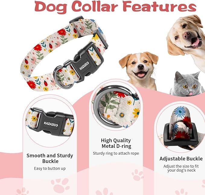Kazazoo Dog Collar Cute and Soft Nylon Puppy Collar for Boy and Girl, Adjustable Dog Collars for Medium Large Dogs, Ladybugs and Flowers-L
