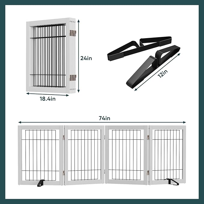 Semiocthome Freestanding Dog Gate Indoor, Dog Gates for Doorways and Stairs, 24" H- 4 Panels Puppy Gate with 2 Metals Stands Adjustable Safety Fence Wire Pet Gate - White