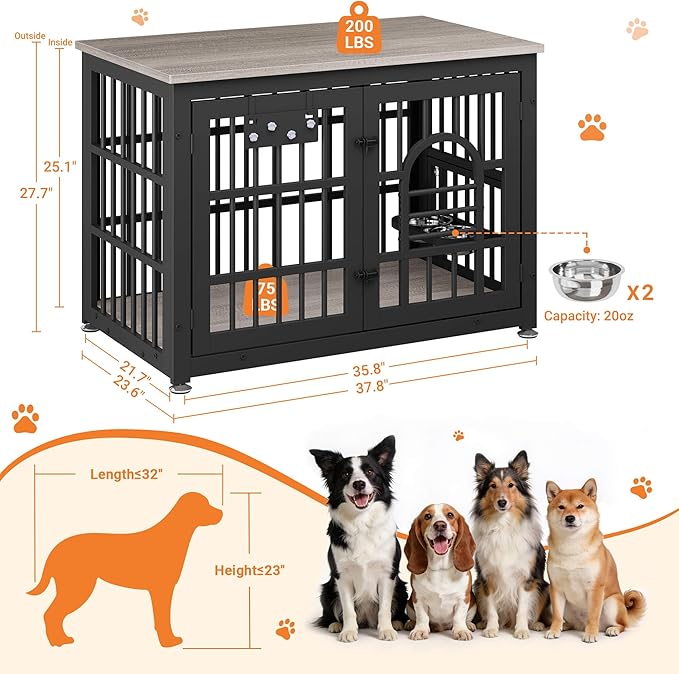 Dog Crate Furniture with Name Tag, Dog Kennel Indoor with 360° Rotating Feeder and Adjustable Heights Bowls, Wooden Decorative Pet Cage End Table for Small Medium Dogs, Grey 37.8" L