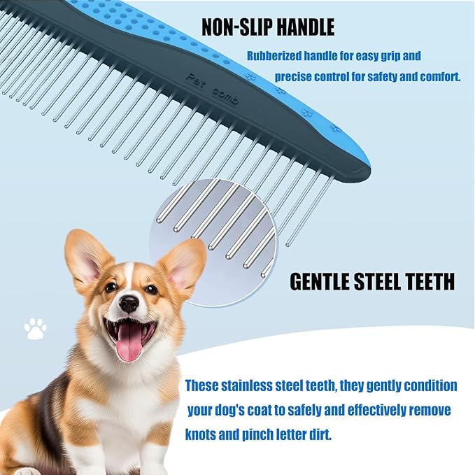Dog Flea Comb for Small Dogs - Metal Flea and Tick Comb with Rubber Handle, Dematting Comb for Cats and Dogs, Professional Pet Grooming Tool for Long Haired Pets