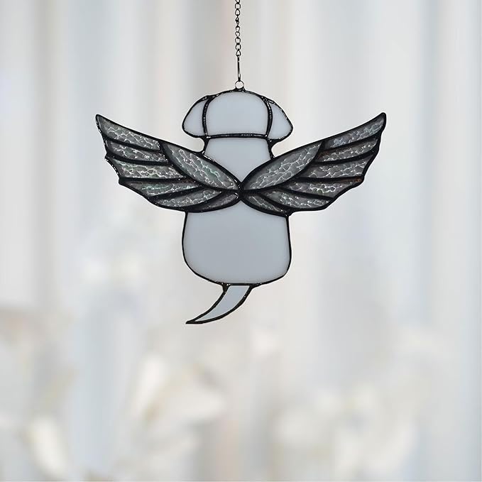 Stained Glass Rainbow Wing Angel Dog Memorial Gift for Loss of Dog Bereavement(White)