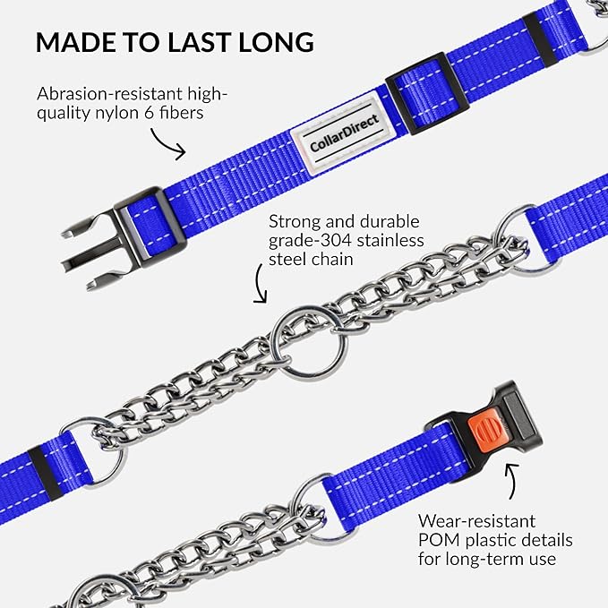 CollarDirect Martingale Dog Collar with Stainless Steel Chain and Quick Release Buckle - Reflective Collar for Large, Medium, Small Dogs - Blue, Small (Neck Size 12"-15")