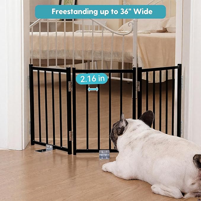 No Pawblems Free Standing Short Dog Gate, 16.5'' Tall Foldable Dog Fence for Indoor & Outdoor, Up to 36 Inch Extra Wide Puppy Gate for Stairs, Hallways, Doorways, Deck, Yard (Black, 3 Panels)