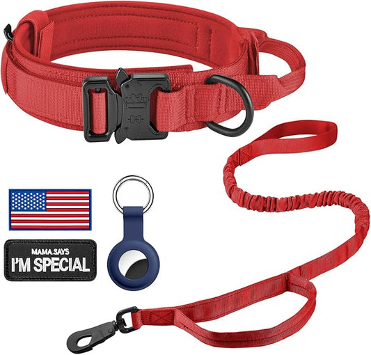 DAGANXI Tactical Dog Collar, Adjustable Military Training Nylon Dog Collar with Control Handle and Heavy Metal Buckle for Medium and Large Dogs, with Patches and Airtags Case (Red-Set, L)