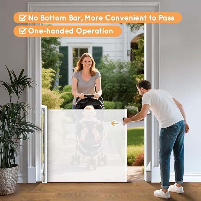 Retractable Baby Gate, 38" Extra Tall Mesh Dog Gate with Auto-Tension Design, 71" Wide One-Hand Operation Doorway Gates for Pets & Babies, No Bottom Rail Gate for Hallways, White