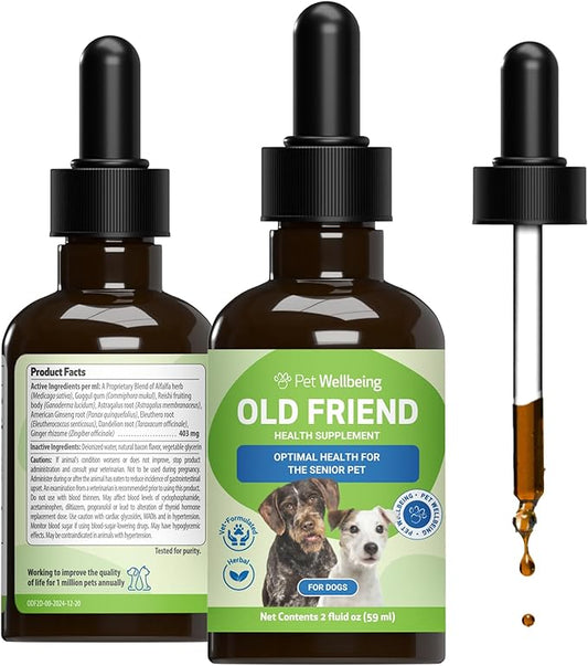 Pet Wellbeing Old Friend for Senior Dogs - Supports Immune System Health, Joint Mobility, Healthy Energy Levels, Alfalfa, Reishi - Veterinarian-Formulated Herbal Supplement 2 oz (59 ml)