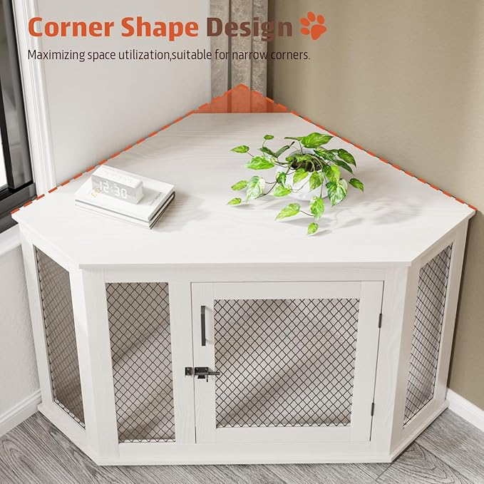 PUKAMI 52 inch Corner Dog Crate Furniture,Wooden Dog Kennel Furniture with Mesh,Decorative Wood Dog House for Small/Medium/Large Dog,Perfect for Indoor Limited Room