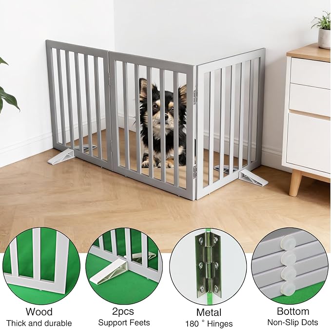 Dog Gate Indoor, Freestanding Dog Fence for The House, Doorways, Hallways,or Stairs,Pet Gate Foldable Wooden,Expandable 32" Height 3 Panels,Grey