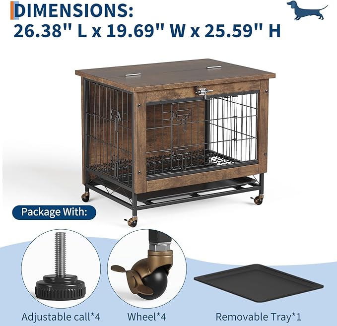 Double-Door Pet Crate Furniture, 26 Inch Indoor Dog House, Heavy Duty Wooden Kennel Side Table with Rustic Brown Finish, Chew-Resistant Dog Cage for Small Medium Dogs, Decorative End Table for Bedroom