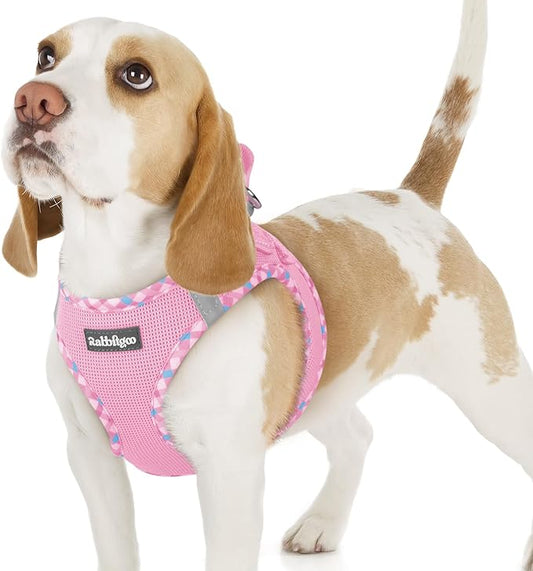 rabbitgoo Small Dog Harness, Step-in Soft Mesh Puppy Vest with Safety Buckle, Breathable Reflective Pet Harness for Small Sized Dogs, Pink & Plaid Trim M