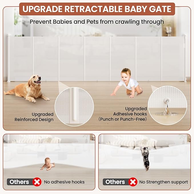 Upgrade Retractable Baby Gates Extra Wide(200" W x 42" H), 200 inch Reinforced Retractable Dog Gate to Prevent Crawling Through, Retractable Gate Outdoor/Indoor, Real One-Handed Operation, White