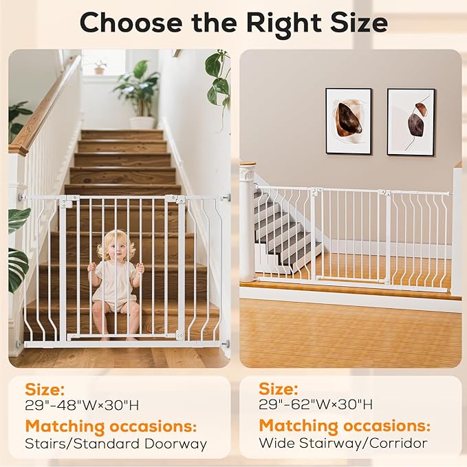29-57" Baby Gate for Stairs, Baby Safety Essentials, Auto Close Gate for Doorways, Easy Install Pressure Mounted Dog Gate Indoor, Pet Gates for Dogs, White